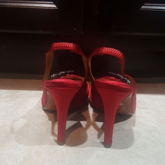 KAY UNGER Red Satin Sling Heels BLING - Size 7M - Picture 4 of 7